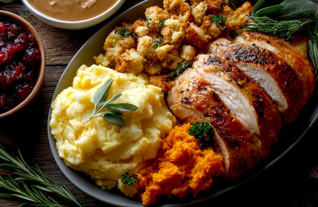 Close-up platter of sliced turkey with mashed potatoes, stuffing, sweet potatoes, cranberry sauce, and gravy
